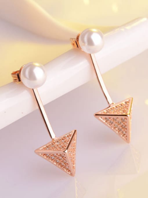 Rose Gold Fashion Imitation Pearl Cubic Zirconias Triangle Stud Earrings