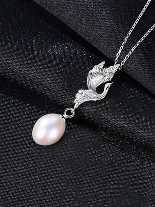 White -7D04 925 Sterling Silver With Artificial Pearl Simplistic Little bird Necklaces