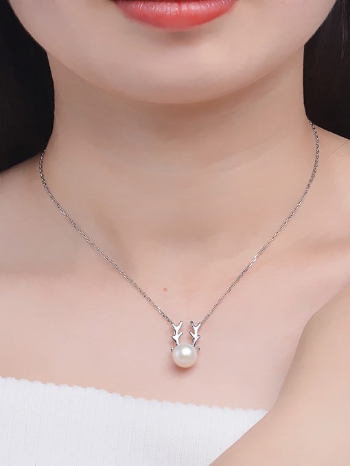 ZK 925 Sterling Silver Tiny Deer Antlers Freshwater Pearl Necklace 1