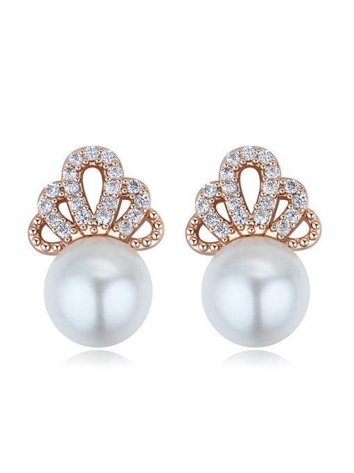 Rose Gold Fashion White Imitation Pearls Shiny Crystals-covered Stud Earrings