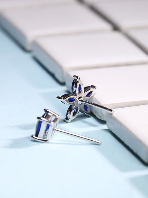 Peng Yuan Asymmetrical 925 Silver Blue Rhinestones-studded Square Flower Stud Earrings 2