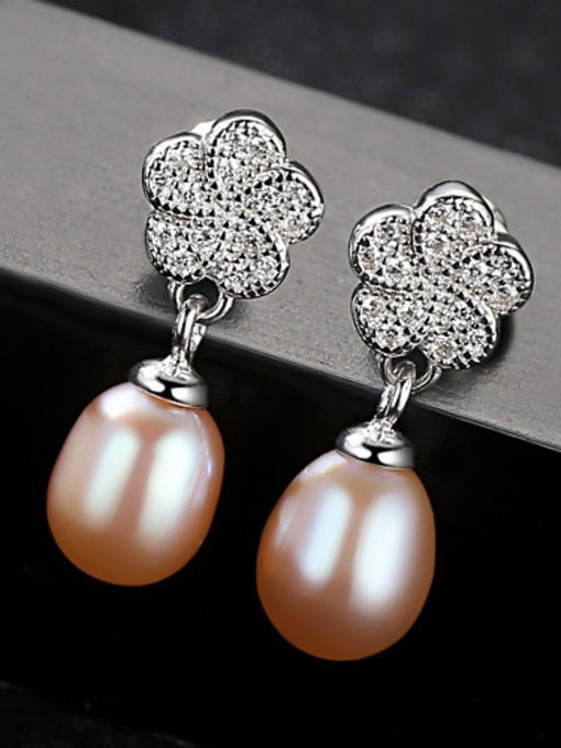 Pink Sterling silver micro-set AAA zircon 8-9mm natural pearl earrings