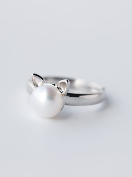 Rosh Cute Cat Shaped Artificial Pearl S925 Silver Ring 0