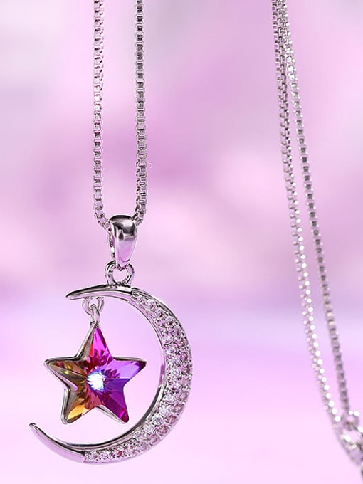 XP Copper Alloy White Gold Plated Trendy Star Moon Crystal Necklace 1