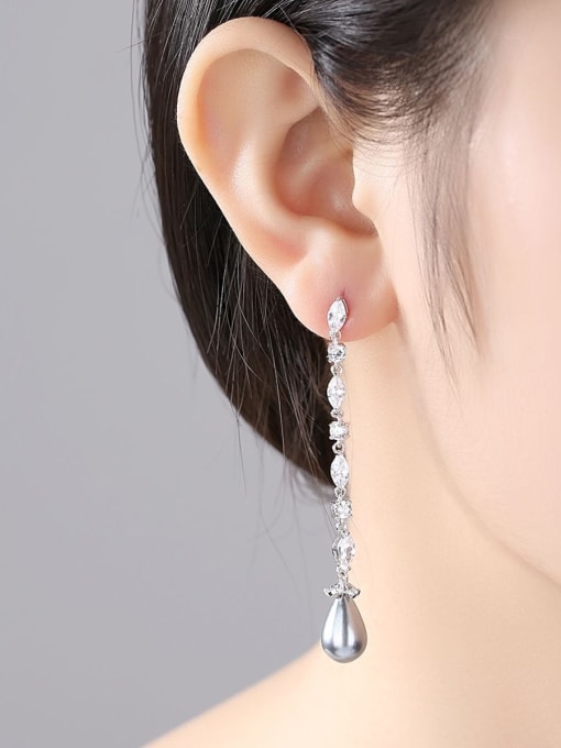 BLING SU Copper inlaid AAA zircons long synthetic Pearl Earrings 2
