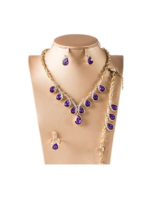 Purple 2018 Water Drop Artificial Crystals Four Pieces Jewelry Set
