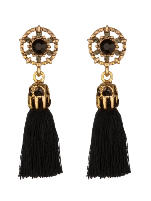 Black Vintage Round Shaped Rhinestones Tassels Stud Earrings