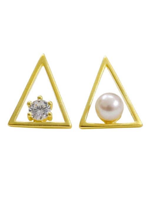 DAKA Fashion Hollow Triangle Freshwater Pearl Cubic Zircon Stud Earrings 0