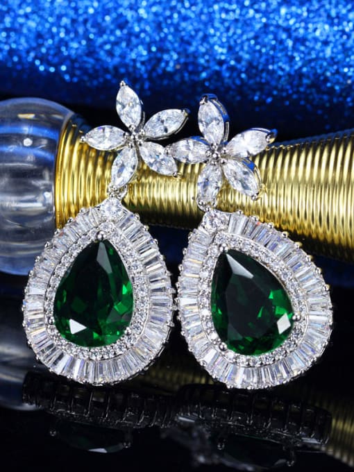 Green Platinum Plated AAA Zircons Drop Cluster earring