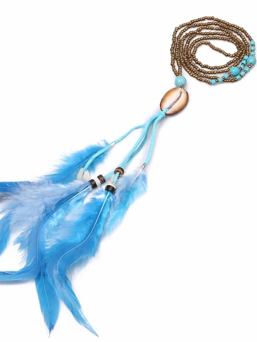 HN1669-B Retro Turquoise Feather Pendant Long Necklace