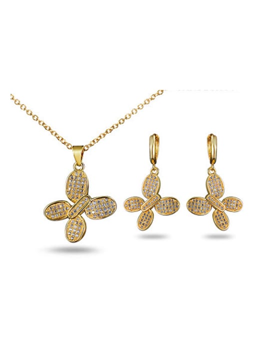 gold Beautiful 18K Gold Plated Butterfly Zircon Two Pieces Jewelry Set