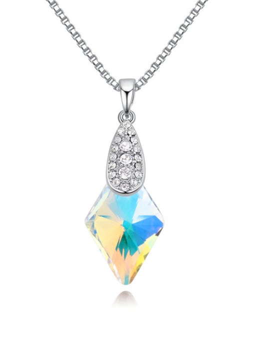 white Simple Rhombus austrian Crystal Pendant Platinum Plated Necklace