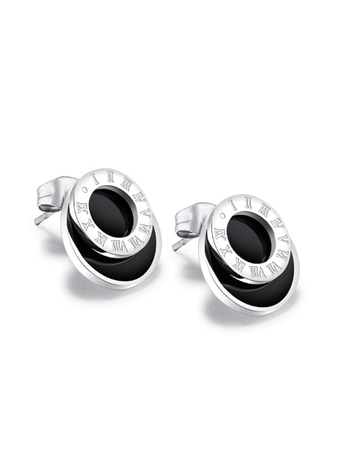 titanium Simple Black Round Roman Numerals Titanium Stud Earrings