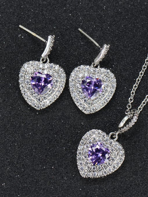 Purple Heart Shaped Zircon earring Necklace Jewelry Set