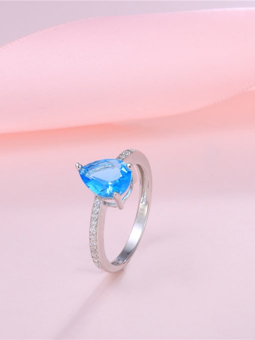 Platinum Blue Water Drop Shaped Zircon Silver Ring