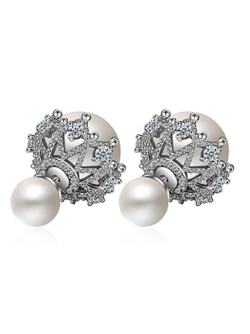 White Personalized Double Imitation Pearls Cubic Zirconias Stud Earrings