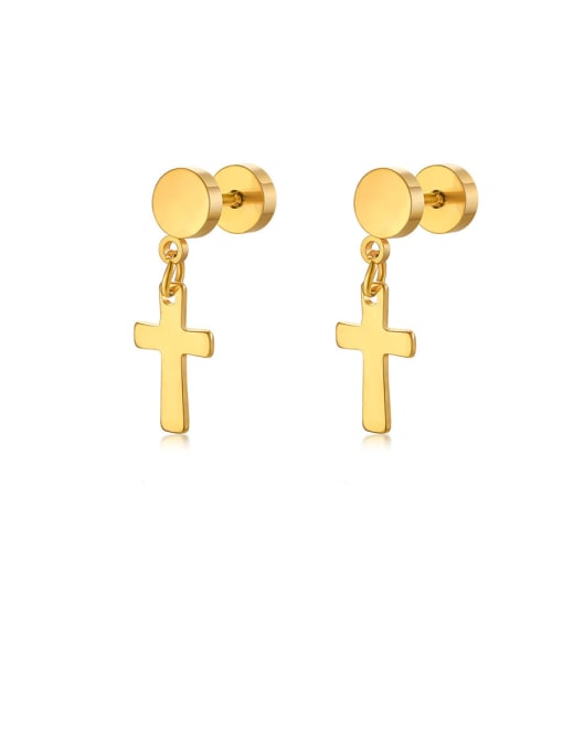 gold Stainless Steel With Smooth Simplistic Cross Drop Earrings
