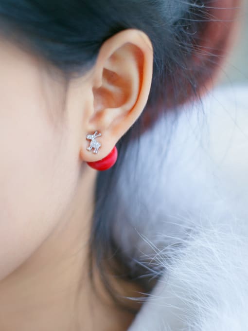 Rosh S925 Silver Snowflake Deer Artificial  Red Pearl Christmas stud Earring 2