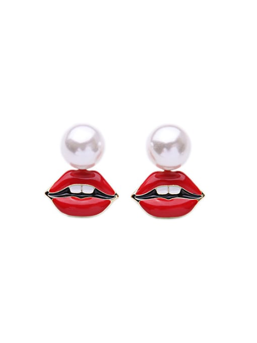 KM Exaggeration Red Lips Pearl stud Earring 0