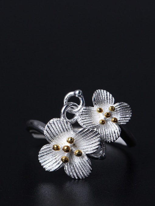 SILVER MI Double Flower Beautiful Opening Ring