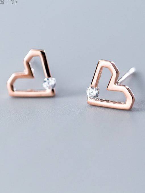 Rose Gold Sterling silver hollow heart shaped single diamond earrings