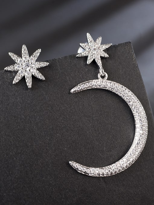 silvery New micro-inlay zircon star moon asymmetric Earrings