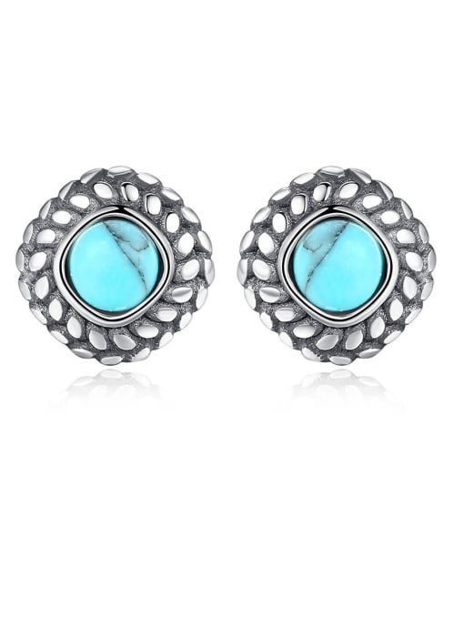 CCUI 925 Sterling Silver With Turquoise Vintage Square Stud Earrings