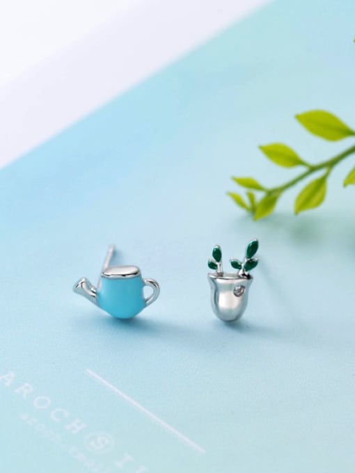 Rosh Personality Blue Potted Plant Shaped Asymmetric Crystal Stud Earrings 1