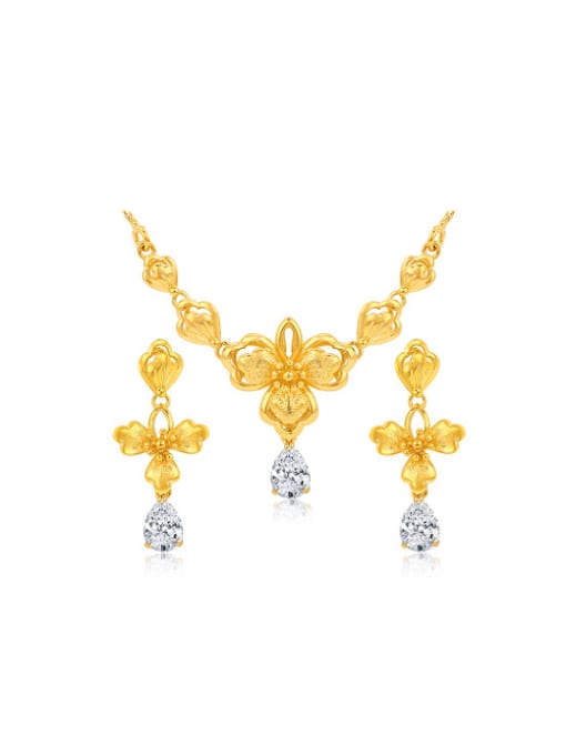 XP Copper Alloy 24K Gold Plated Retro style Flower Zircon Two Pieces Jewelry Set 0
