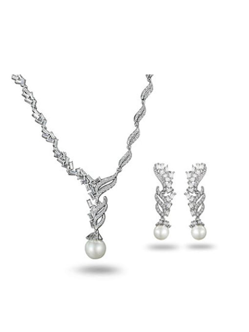 SANTIAGO Women Platinum Plated Artificial Pearl Geometric Two Pieces Jewelry Set 0