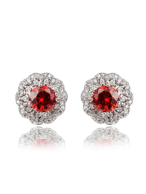 White Gold Shimmering Red Round Shaped Zircon Stud Earrings