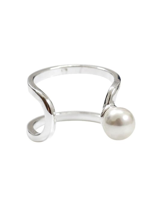 DAKA Simple Two-band Artificial Pearl Silver Smooth Opening Ring 0