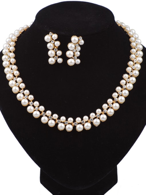 Qunqiu Fashion White Imitation Pearls Cubic Rhinestones Alloy Two Pieces Jewelry Set 0