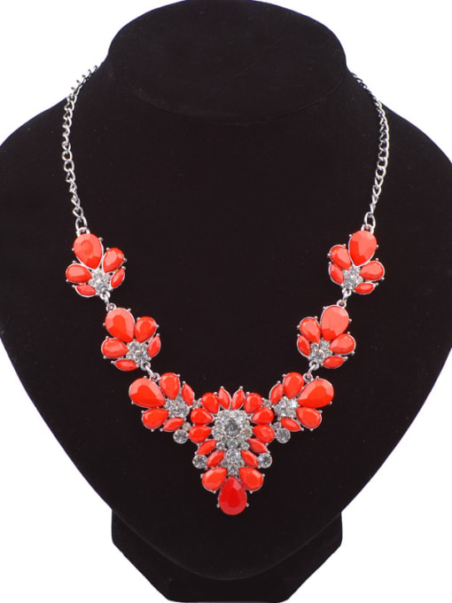 Red Fashion Resin-sticking Flowers White Rhinestones Alloy Necklace