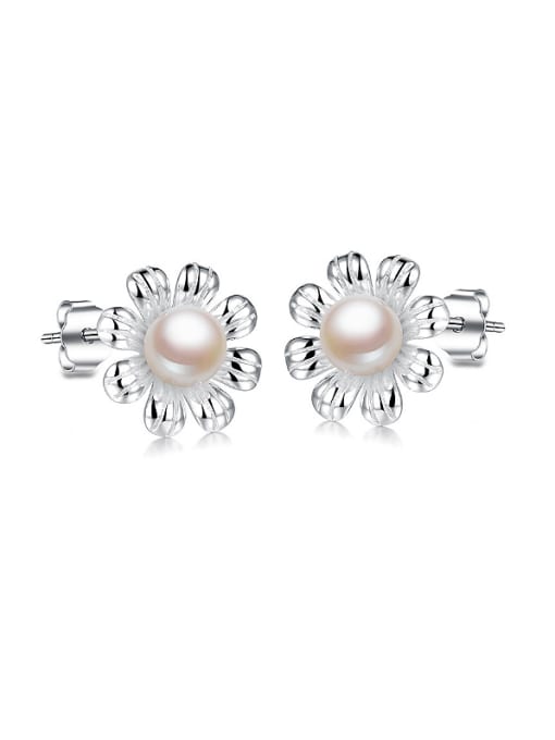 AI Fei Er Elegant Little Flower Imitation Pearl Copper Stud Earrings 0