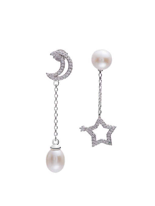 Silver Moon Star Freshwater Pearl Drop threader earring