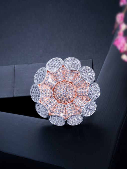 uS 7# Copper With Cubic Zirconia Luxury Flower Statement Rings