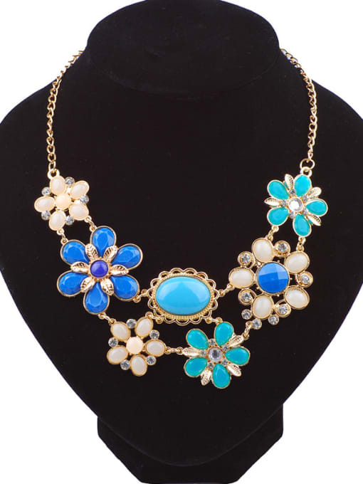 Blue Fashion Resin-sticking Flowers Rhinestones Gold Plated Necklace
