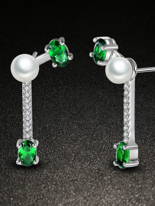 Green Drilled Ear Nail Fashionable Geometric Shaped Pearls Zircons Stud Earrings