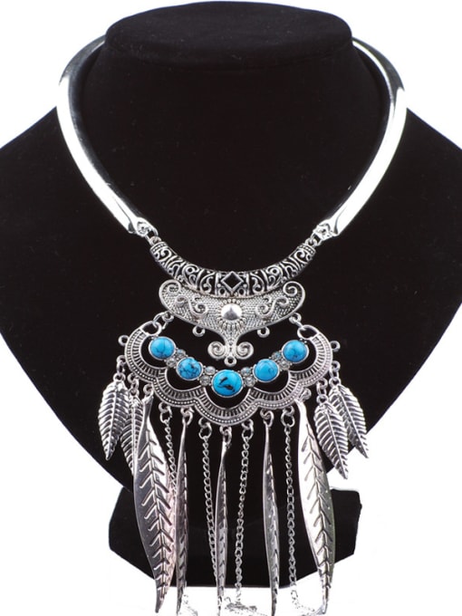 antique Silver Retro style Leaves Tassels Little Stones Alloy Necklace