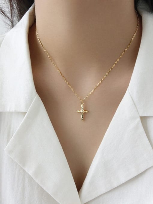 DAKA 925 Sterling Silver With Gold Plated Simplistic Convex-Concave Cross Necklaces 3