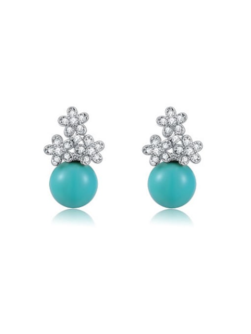 Platinum Exquisite Blue Bead Flower Shaped Stud Earrings