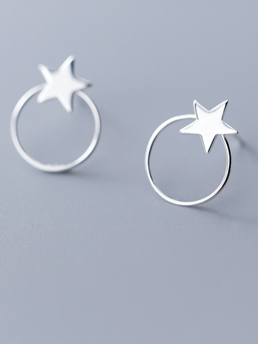 Rosh 925 Sterling Silver With Glossy Personality Round Pentagram Stud Earrings 1