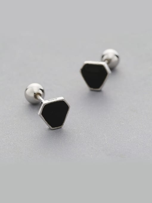 One Silver Black Geometric Shaped Stud Earrings