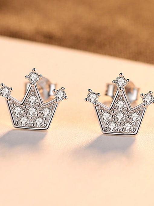 Platinum -16D09 925 Sterling Silver With Cubic Zirconia Simplistic Crown Stud Earrings