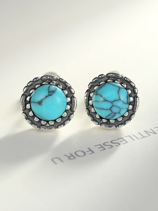 CCUI 925 Sterling Silver With Turquoise Vintage  Round Stud Earrings 2