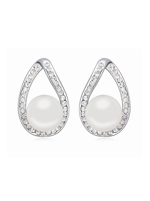 White Simple Water Drop Imitation Pearl Shiny Crystal-covered Stud Earrings