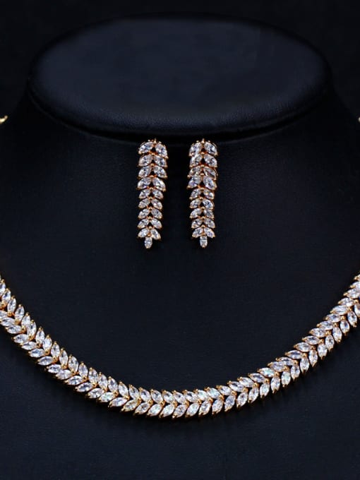 L.WIN Luxury Shine  AAA Zircon Horse-eye leaves Necklace Earrings 2 Piece jewelry set 0