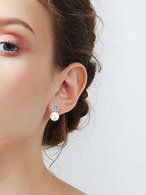 CEIDAI Fashion Artificial Pearl Zircon Flowery Stud Earrings 1