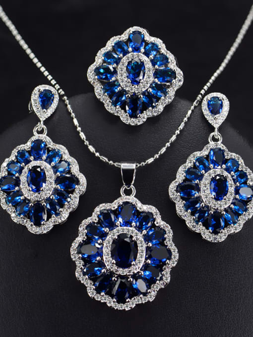 Dark Blue Ring 6 Yards Colorful Zircons Flower Three Pieces Jewelry Set
